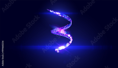 Abstract spiral of luminous particles and light trails on dark vector background, symbolizing data flow, digital transformation, energy, artificial intelligence and high speed information  concept