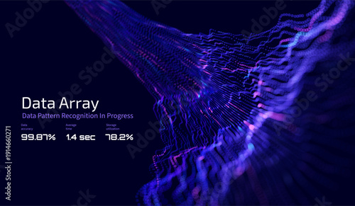 Futuristic data array visualization with flowing particle waves and digital interface representing big data analysis, pattern recognition, artificial intelligence, machine learning vector background