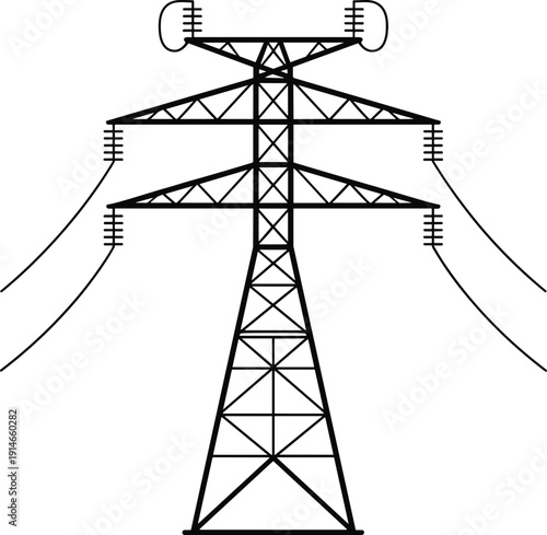High voltage power transmission tower with cables, electric grid infrastructure line art illustration vector isolated on white background