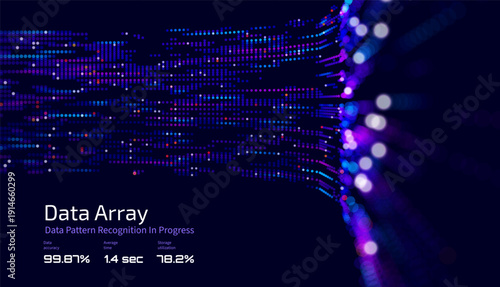 Futuristic data array visualization with flowing particle waves and digital interface representing big data analysis, pattern recognition, artificial intelligence, machine learning vector background