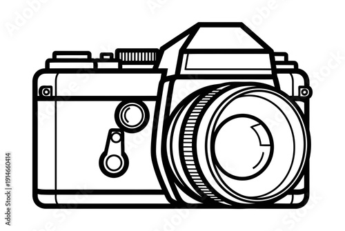 Elegant monochrome line art illustration of a classic vintage camera, embodying the enduring appeal of traditional photography and timeless creative expression through imaging devices