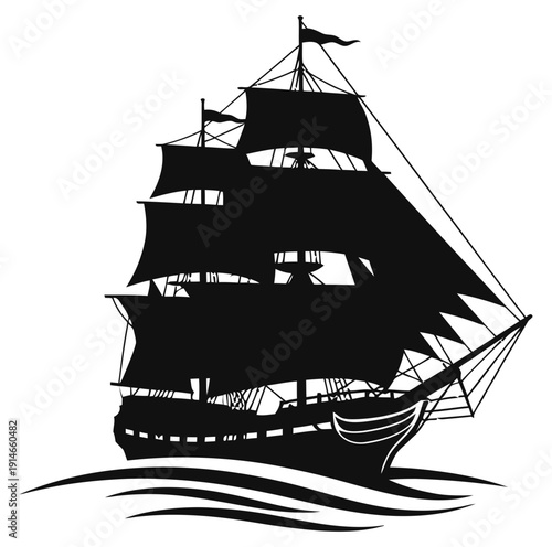 Silhouette of a majestic three-masted sailing ship with full sails gliding across wavy ocean waters, evoking a sense of adventure and exploration on the high seas