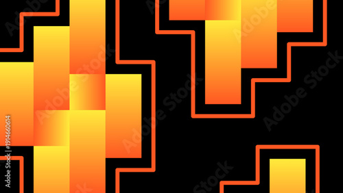Dynamic Abstract Digital Art Background with Interlocking Orange and Yellow Geometric Blocks Creating a Modern, Energetic Step Pattern on a Deep Black Canvas