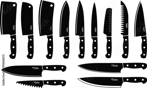 Kitchen knife silhouette set, chef butcher bread and utility blades collection, professional cutlery tools vector illustration