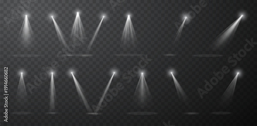 Set of realistic blue spotlight beams isolated on transparent vector background, stage lighting effects with glow and light rays for concert, show, presentation, cinema, event design composition.