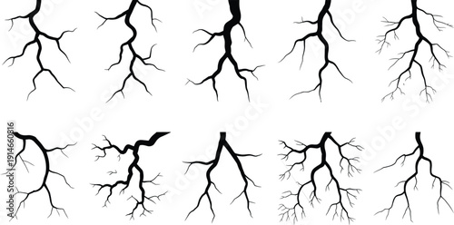 Lightning crack silhouettes set, thunder bolt fracture shapes, electric storm energy abstract black vector collection isolated