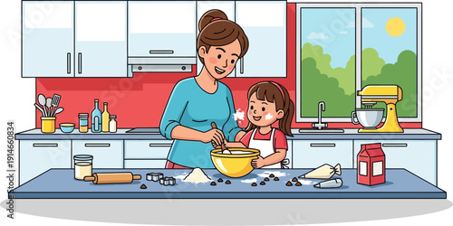 Mother and daughter baking together in kitchen.