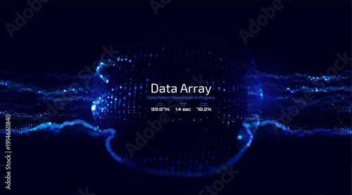 Futuristic data array visualization with flowing particle waves and digital interface representing big data analysis, pattern recognition, artificial intelligence, machine learning vector background