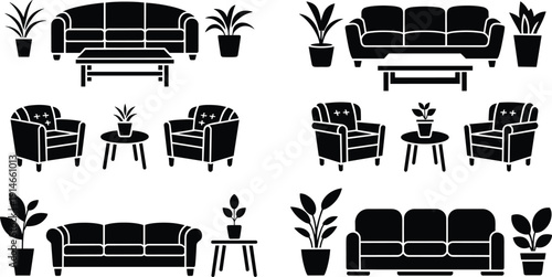 Living room furniture silhouettes vector set, sofa, armchairs, coffee tables and indoor plants, modern home interior decor icons, black outline illustration