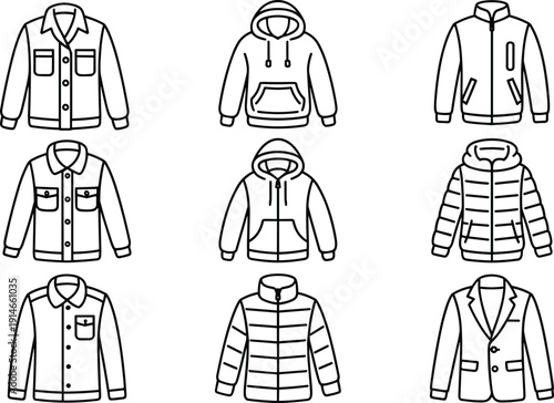 Men's and women's jacket icons collection, hoodies, puffer coats, casual outerwear line art, winter jackets, blazer and zip-up silhouettes set