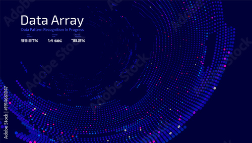 Futuristic data array visualization with flowing particle waves and digital interface representing big data analysis, pattern recognition, artificial intelligence, machine learning vector background