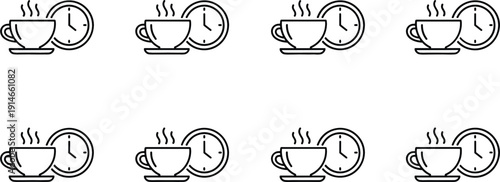 Coffee cup with clock line icon set time break reminder morning beverage outline vector collection