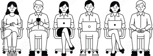 Minimal vector illustration of diverse office workers sitting on chairs using laptops and smartphones, modern workplace teamwork, business people line art set
