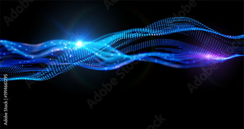 Futuristic data array visualization with flowing particle waves and digital interface representing big data analysis, pattern recognition, artificial intelligence, machine learning vector background