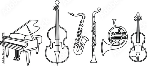 Musical instruments outline collection featuring piano, cello, saxophone, clarinet and french horn, orchestra line art vector set