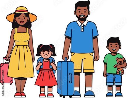 A cartoon illustration of a family traveling together.