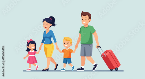 Family on vacation traveling together happily.