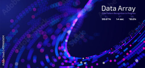 Futuristic data array visualization with flowing particle waves and digital interface representing big data analysis, pattern recognition, artificial intelligence, machine learning vector background
