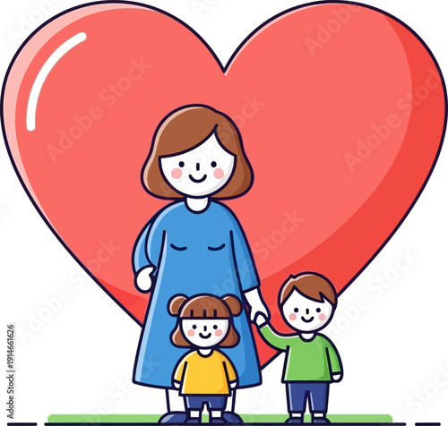 A cartoon illustration of a mother and her two children standing in front of a giant heart.