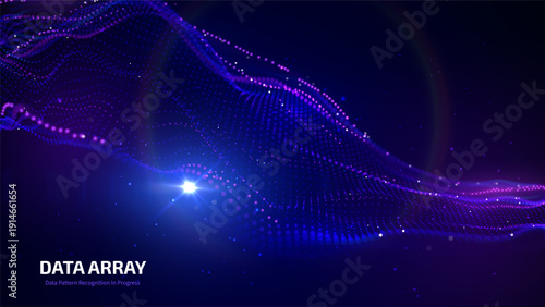 Futuristic data array visualization with flowing particle waves and digital interface representing big data analysis, pattern recognition, artificial intelligence, machine learning vector background