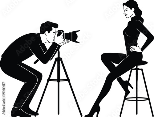 Photographer taking portrait of woman on stool silhouette vector, studio photoshoot scene with camera and tripod setup