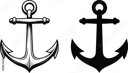 Nautical anchor vector set, classic ship anchor silhouettes and engraved maritime emblem icons, sea travel symbol, black and white illustration