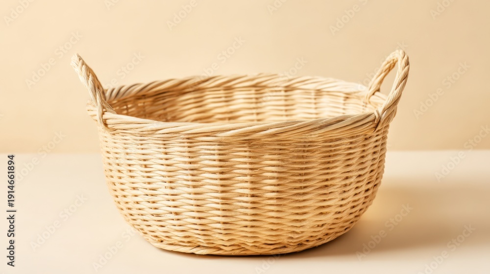 Obraz premium Woven wicker laundry basket with handles placed on a light-colored surface against a soft beige background, ideal for organizing clothes and household items