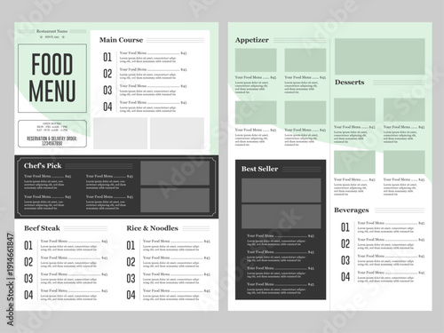 Modern food menu template in a4 size. 2 pages restaurant menu design for promotion.
