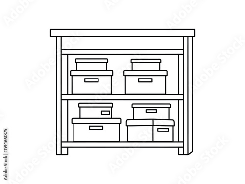 Shelving unit with storage boxes, clean outline illustration, organization and storage concept