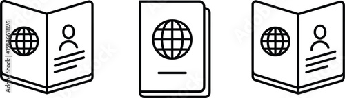 Passport document line icon set international travel identification visa and immigration outline vector collection