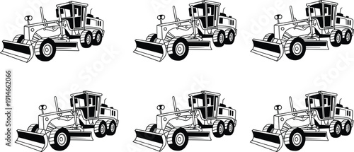 Road grader construction vehicle vector set, motor grader heavy equipment for road leveling and earthmoving industry illustration