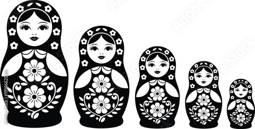 Russian matryoshka dolls silhouette set, traditional nesting doll collection, folk art pattern, decorative floral vector illustration