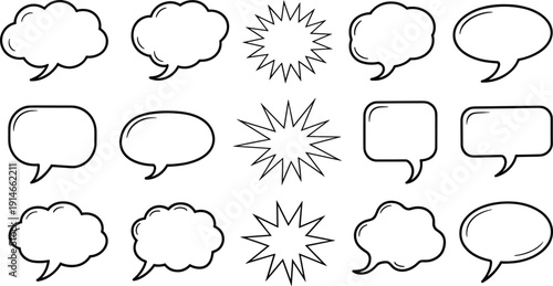 Set of vintage comic speech bubbles and thought callouts in varied shapes, blank vector line art, comic design elements for captions