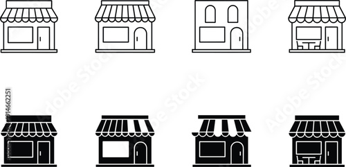 Storefront building line icon set retail shop facade market exterior outline vector collection