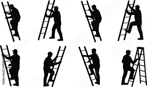 Silhouettes of workers climbing ladders, ladder climbing vector set, handyman maintenance poses, safety ladder silhouettes, black outline work icons, construction equipment