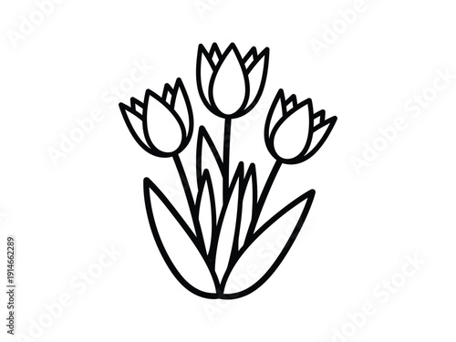 Three tulips with leaves, simple outline illustration, spring and nature concept, vector art