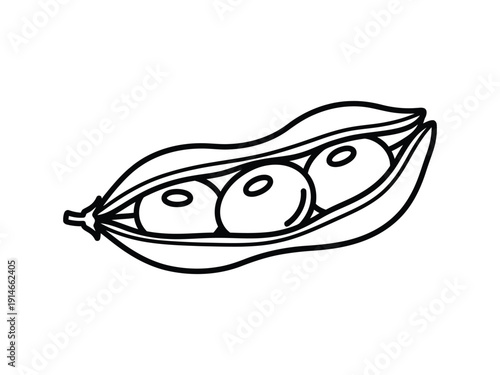 Simple outline illustration of a ripe pea pod containing three fresh peas, perfect for healthy eating, cooking, or organic food themes.