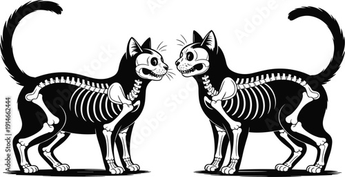 Spooky black cats skeleton illustration set, mirrored feline anatomy silhouettes, Halloween gothic animal art, eerie x-ray style vector design