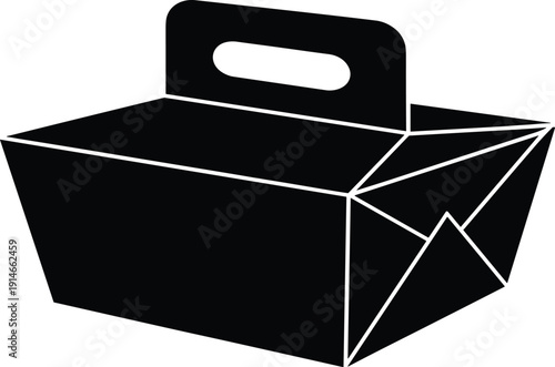 Takeaway food box silhouette, disposable lunch container with handle, folded paper packaging, fast food vector illustration