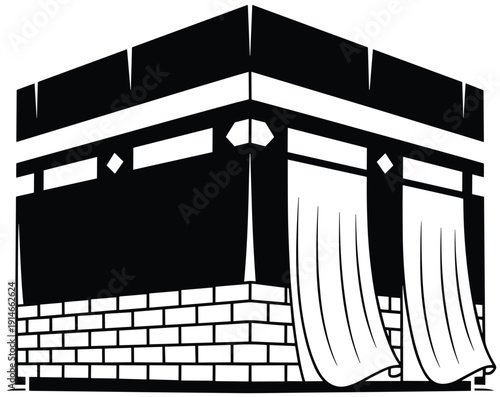Traditional Japanese Shinto shrine building silhouette vector, torii style roof and curtains, temple architecture icon, black and white line art illustration