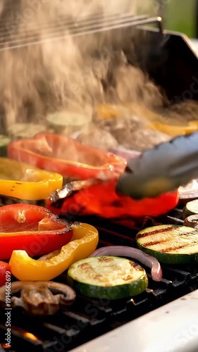 A video of a person grilling vegetables and meat on a barbecue