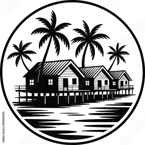 Tropical overwater bungalows with palm trees on ocean lagoon, island resort silhouette illustration, summer vacation travel vector