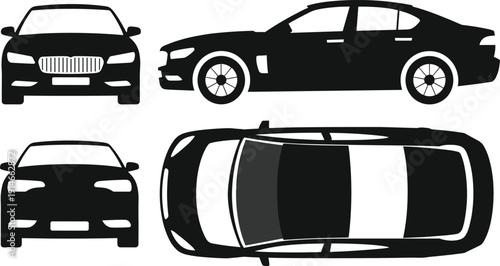 Black and white car silhouettes from multiple perspectives including front, side, and top views, showcasing diverse automotive design elements and styles
