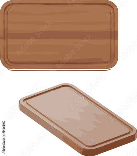 Wooden cutting board set in top and perspective views, kitchen chopping board vector illustration isolated on white background