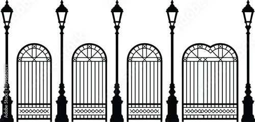 Wrought iron fence gates with vintage street lamps, decorative urban park silhouette vector set isolated on white background
