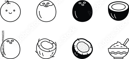Coconut fruit line icon set tropical food drink ingredient outline vector collection isolated