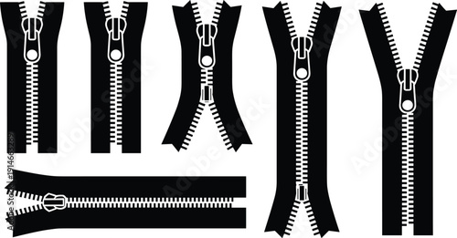 Zipper silhouettes vector set, open and closed zip fastener elements, clothing accessories collection, sewing tailoring concept, black and white illustration