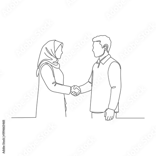 Handshake between a muslim woman in hijab and a man in continuous line art style.