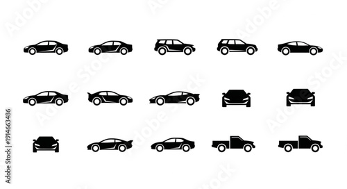 Collection of Car Icons and Silhouettes on White Background.