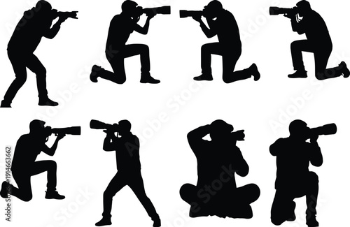 Variety of photographer silhouettes in active shooting, kneeling, crouching, and sitting poses with cameras.